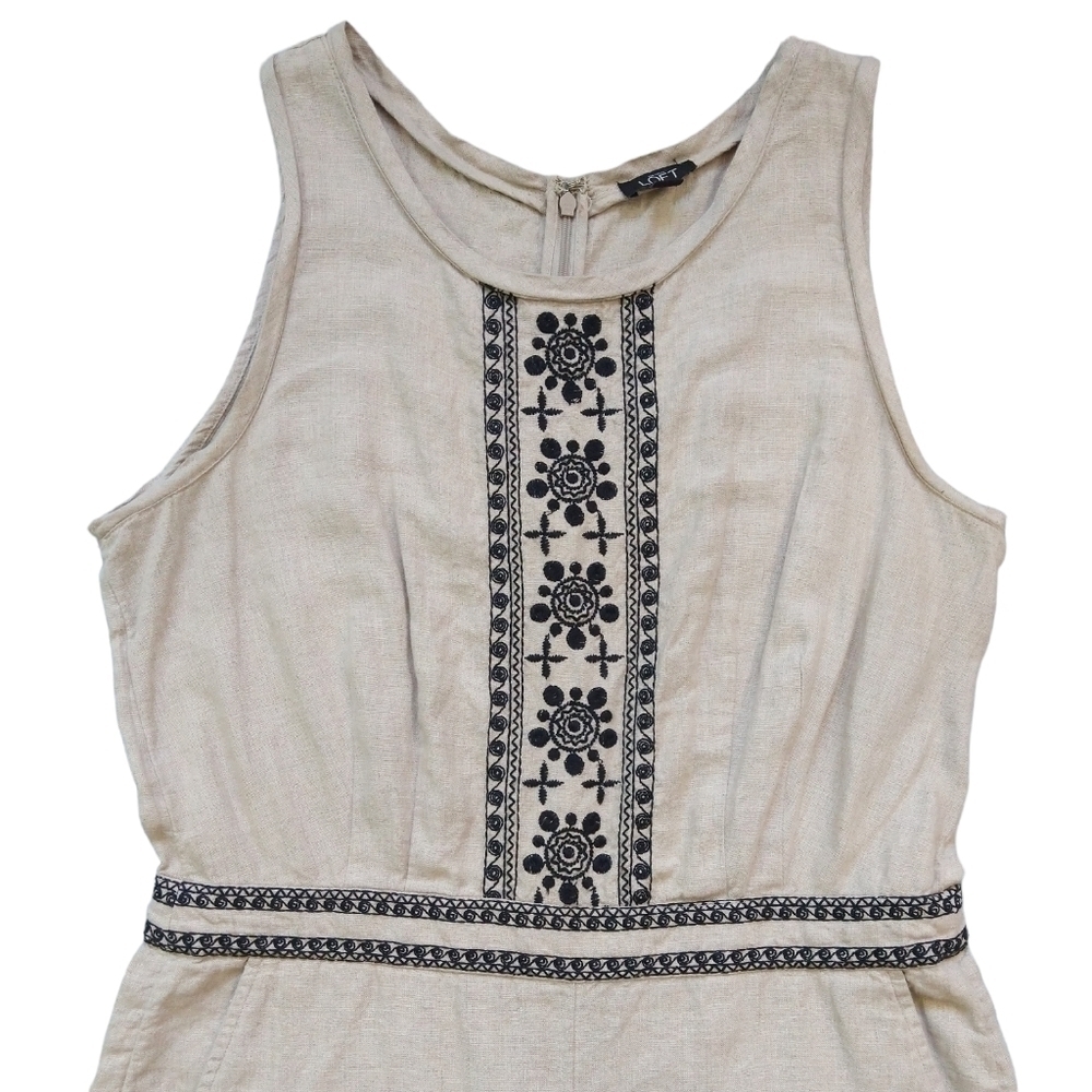 LOFT 100% Linen Khaki Tan Black Embroidered Sleeveless Romper Pockets Boho - Picture 5 of 13